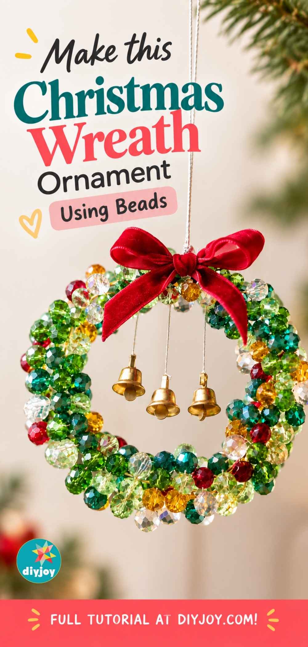 Pinterest graphic for a beaded Christmas wreath ornament made with crystal beads, tiny bells and a velvet bow