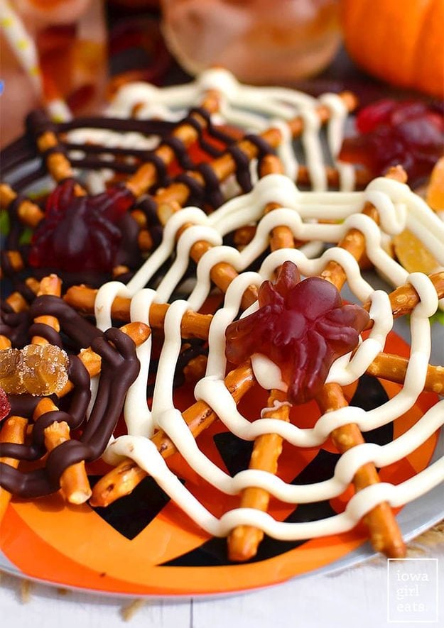 Party recipe idea, simple make-ahead option and dessert-table favorite, showing chocolate pretzel spider webs