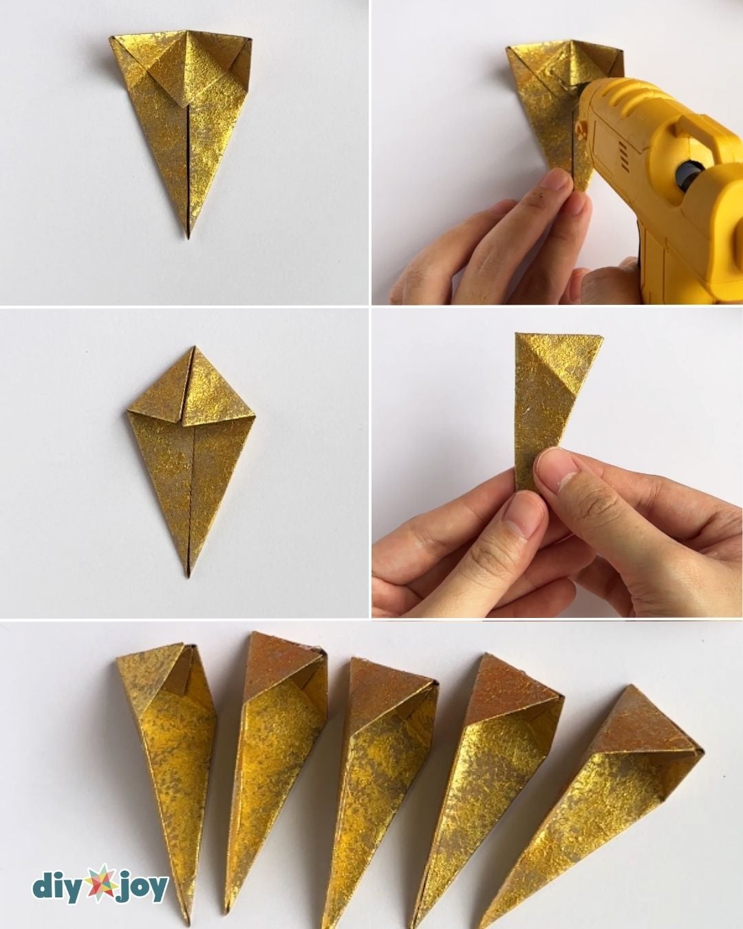 DIY paper star ornament - hot gluing folded paper points into a 3D cone shaped homemade Christmas star point