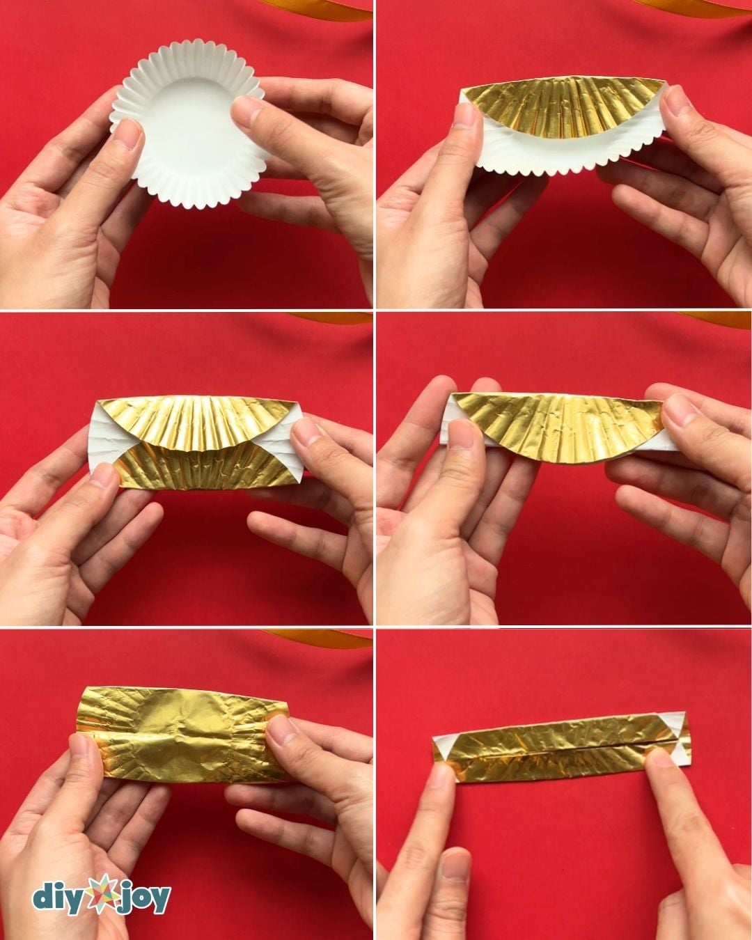 Easy Christmas Crafts | Fold Cupcake Liners Easy Christmas crafts collage showing six steps for folding one gold cupcake liner into a narrow strip