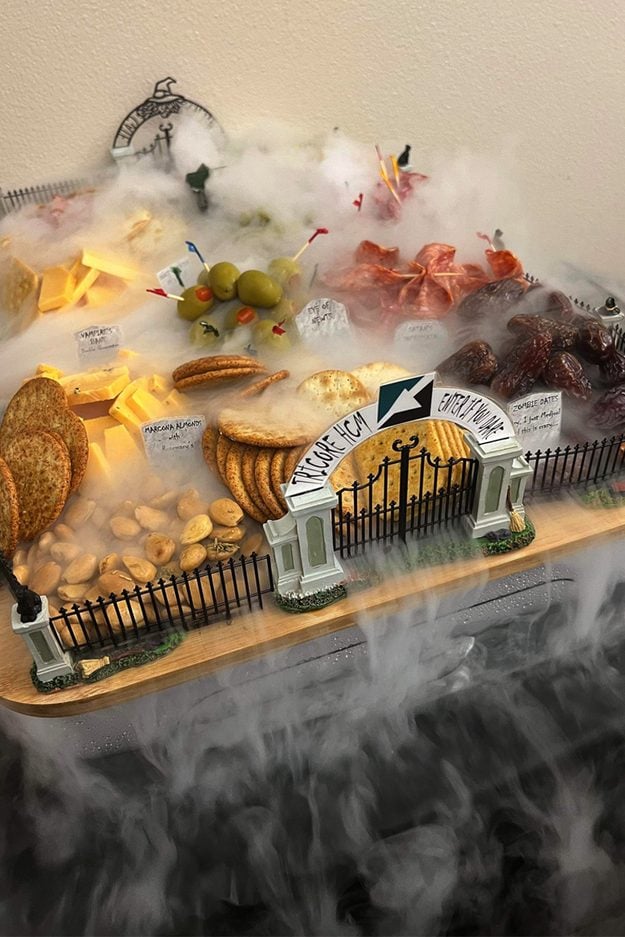 Spooky snack recipe, simple make-ahead option and easy recipe inspiration, featuring dry ice Halloween charcuterie board