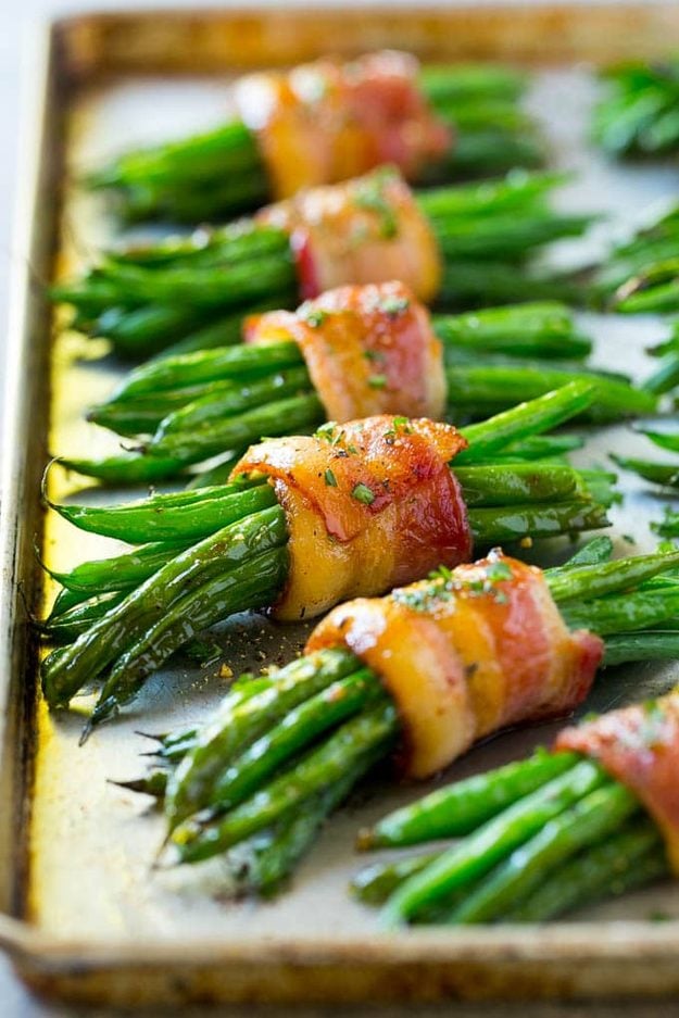 Green Bean Bundles with Bacon and Brown Sugar, a dish that always gets seconds and a popular choice on this list