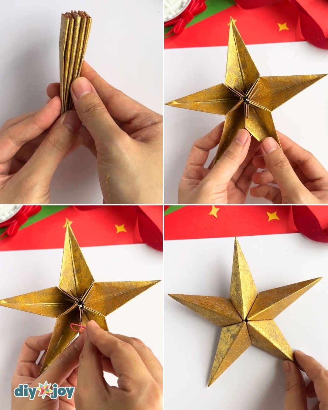 Paper bag star ornament - fanning out five glued paper points and joining them into a Christmas star