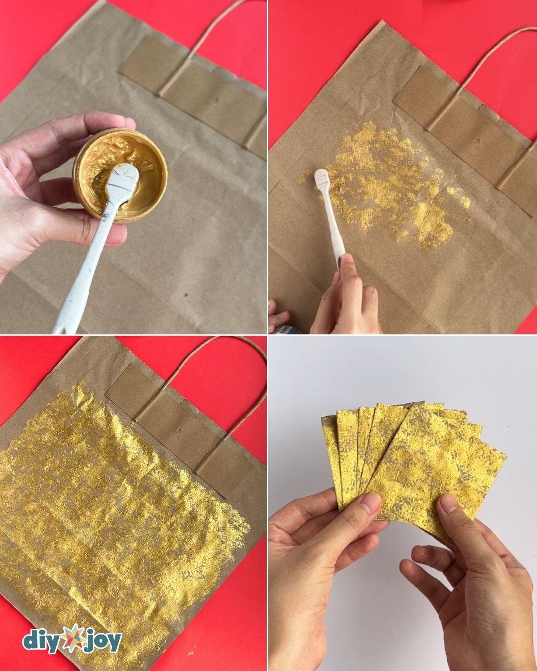 How to make a paper star - dabbing gold paint onto a paper bag with a toothbrush for texture, step one