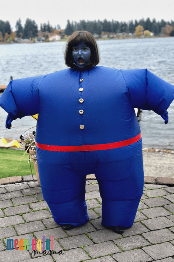 Violet Beauregarde Blueberry Halloween Costume Violet Beauregarde blueberry costume with blue face paint, bob wig, red belt and round blue outfit