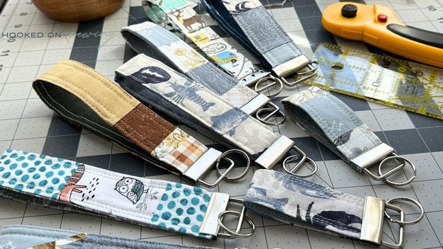 DIY crafts to make and sell: wristlet key fob sewn from scrap fabric, a fast add on item for handmade gift sets
