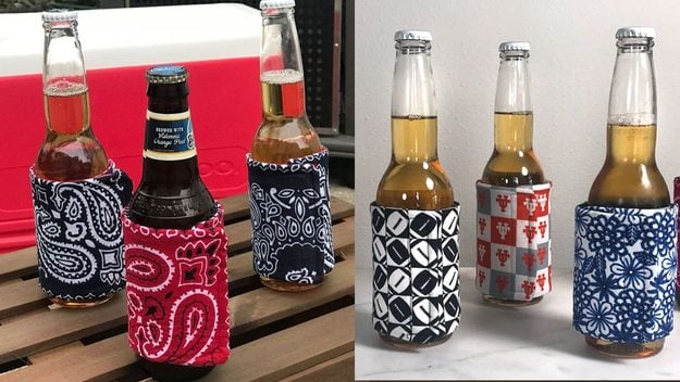 A row of sewn fabric can koozies made from leftover fabric scraps, a fast summer sewing craft that sells at markets