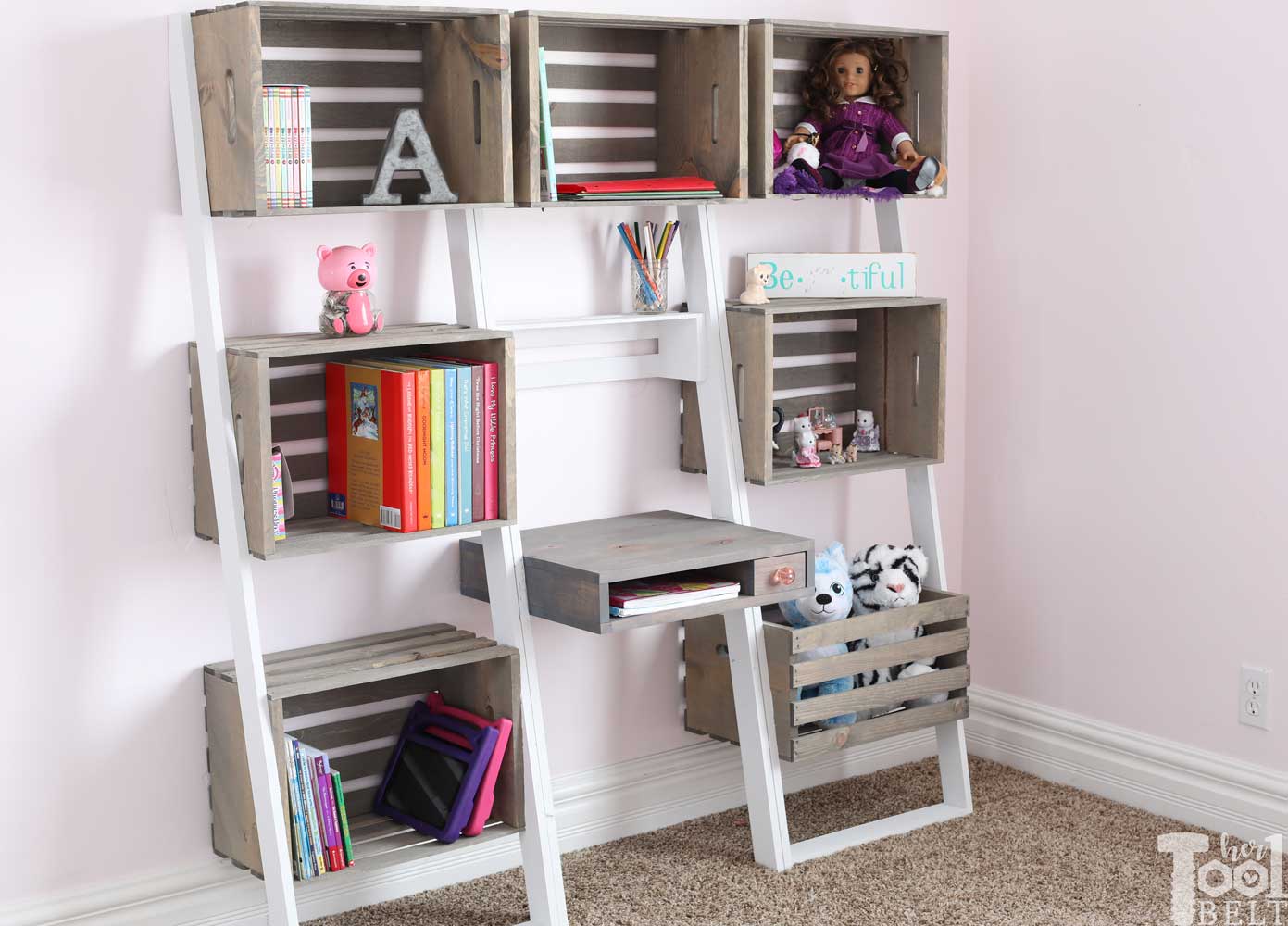 Leaning Crate Bookshelf and Desk, budget friendly with supplies on hand and a satisfying finish for not much work