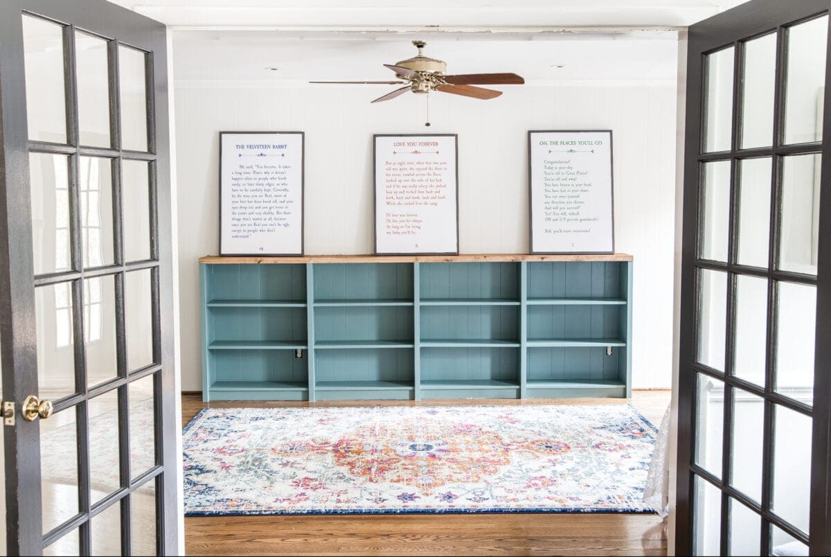 Teal Playroom Bookcase Built Ins, budget friendly with supplies on hand and a satisfying finish for not much work