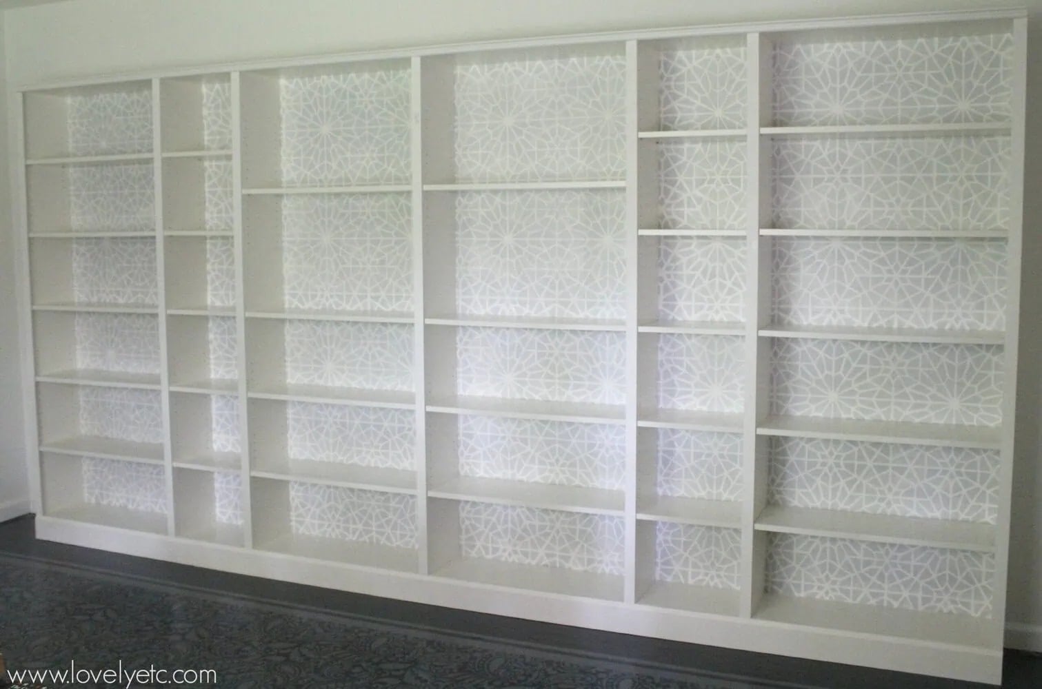 Stenciled Ikea Bookcase Wall, a bookshelf idea, simple enough for a first try and a satisfying finish for not much work