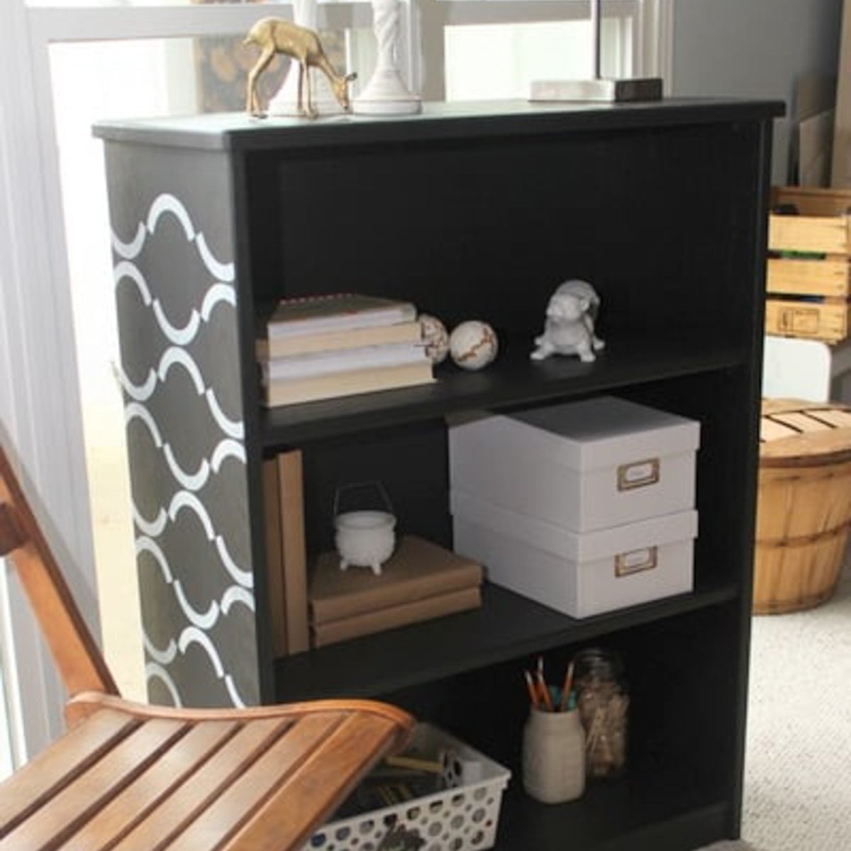 Black Chalk Painted Bookcase, budget friendly with supplies on hand and a clever way to use what you already own