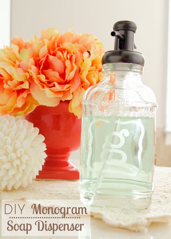 Monogram Etched Glass Soap Dispenser Monogram Etched Glass Soap Dispenser, simple enough for a first time DIYer and a solid pick for later