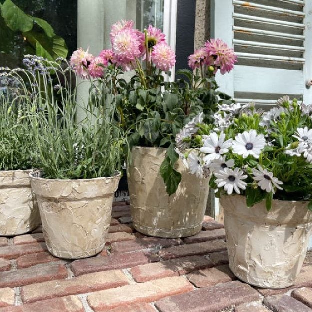 Easy DIY project: faux stone planters finished with a rough texture and filled with dahlias and daisies
