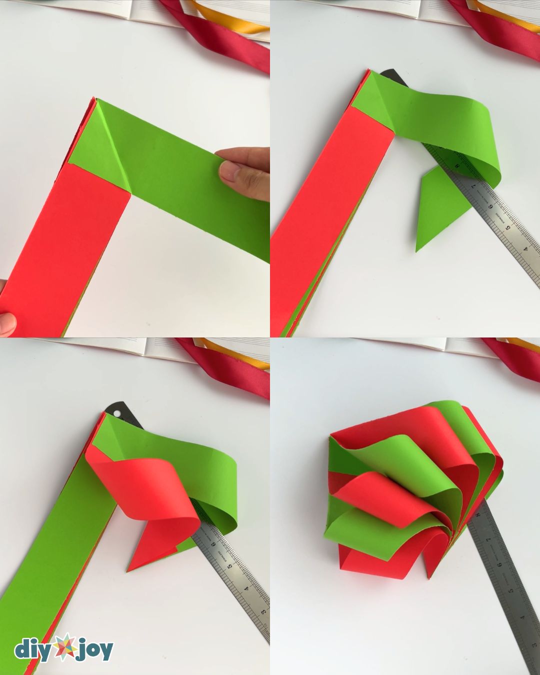 Hands twist a glued paper strip into an L shape, using a metal ruler to hold it, making DIY Christmas decor ornaments
