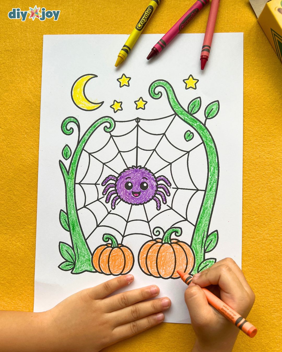 free printable coloring page for Halloween - spider web with pumpkins