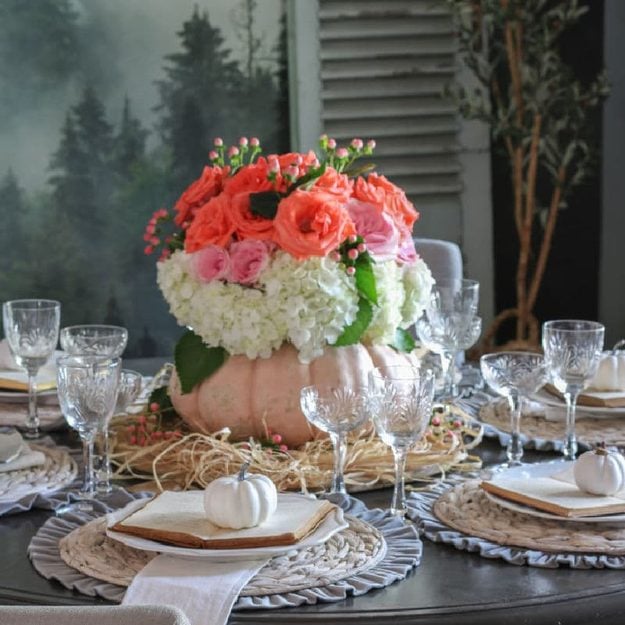 Fall garden project, seasonal planting inspiration and end-of-season garden care, featuring a pumpkin turned into a floral