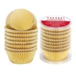 Easy Christmas Crafts | Gold Cupcake Liners Easy Christmas craft supplies showing stacked gold metallic cupcake liners for a handmade paper ornament