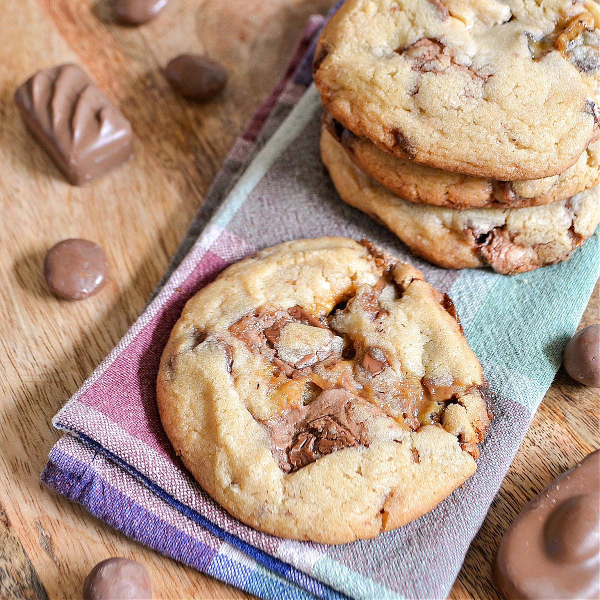 Leftover Halloween Candy Bar Cookies Thick golden cookies packed with visible pieces of chocolate caramel and leftover Halloween candy bars