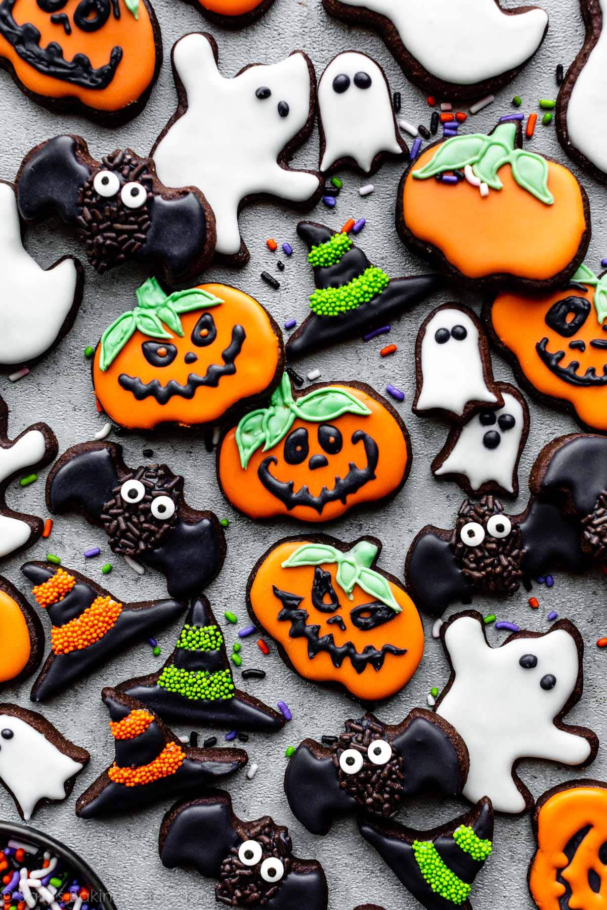 Party dessert project, creative icing inspiration featuring the finished chocolate Halloween treat with royal icing