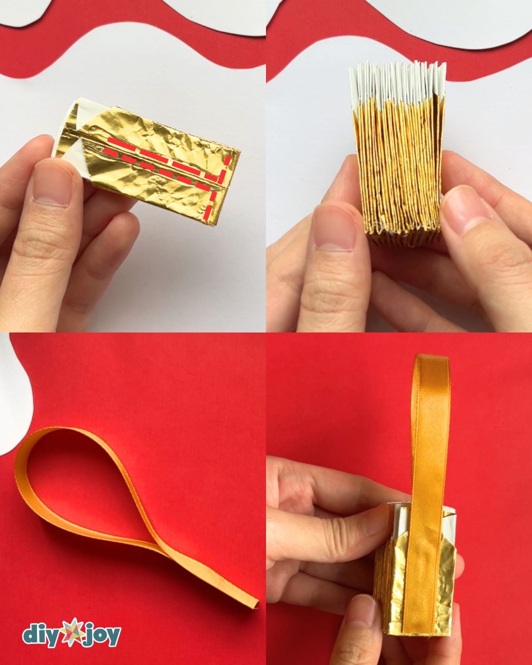 Handmade Christmas Ornaments | Stack and Add Ribbon Handmade Christmas ornaments collage showing L-shaped glue lines, stacked liners and a gold ribbon loop