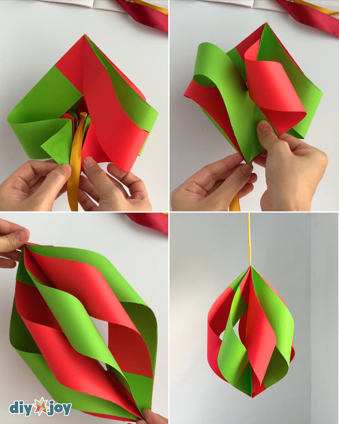 Knotted gold ribbon tucked inside before the final strip is glued, then the finished DIY Christmas decor ornament hangs