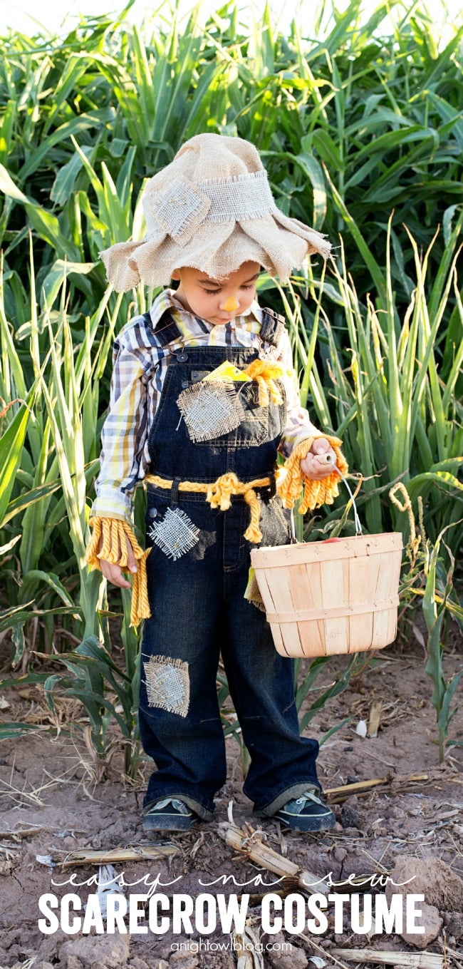 Easy No-Sew Scarecrow Halloween Costume Child wearing patched denim overalls, plaid shirt, burlap scarecrow hat and yarn cuffs while holding a wood basket