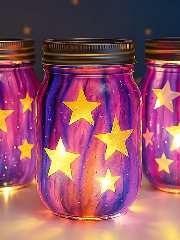 Galaxy Painted Mason Jar Lanterns Galaxy mason jars painted purple and pink with star shapes cut out and lit from inside by tea lights