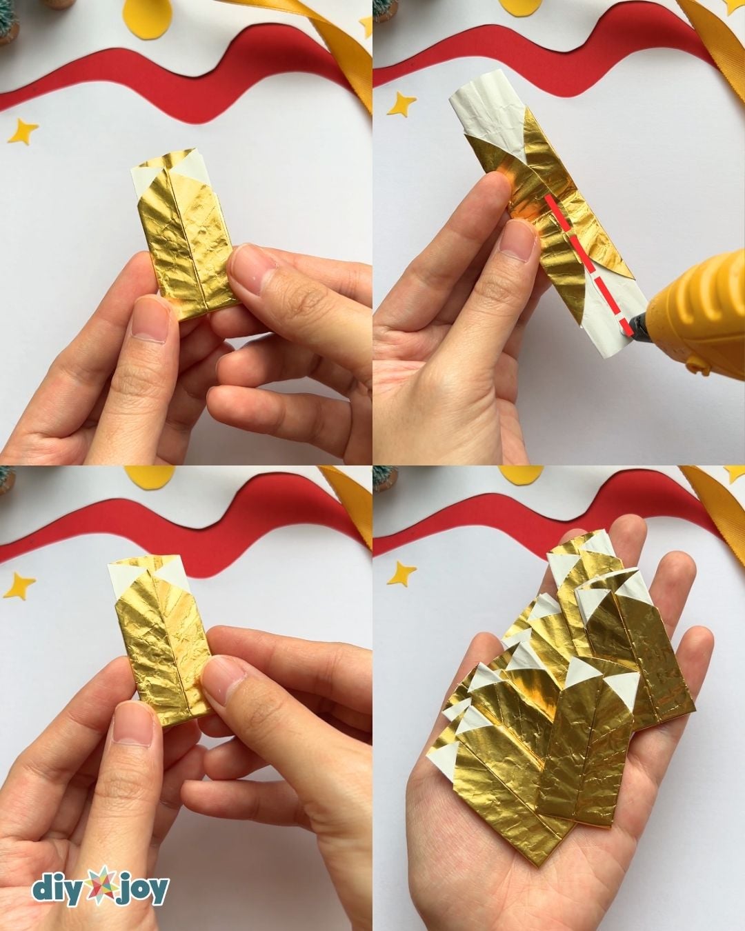 Paper Christmas Ornaments | Glue Folded Pieces Paper Christmas ornaments collage showing hot glue placement on folded gold cupcake liner pieces