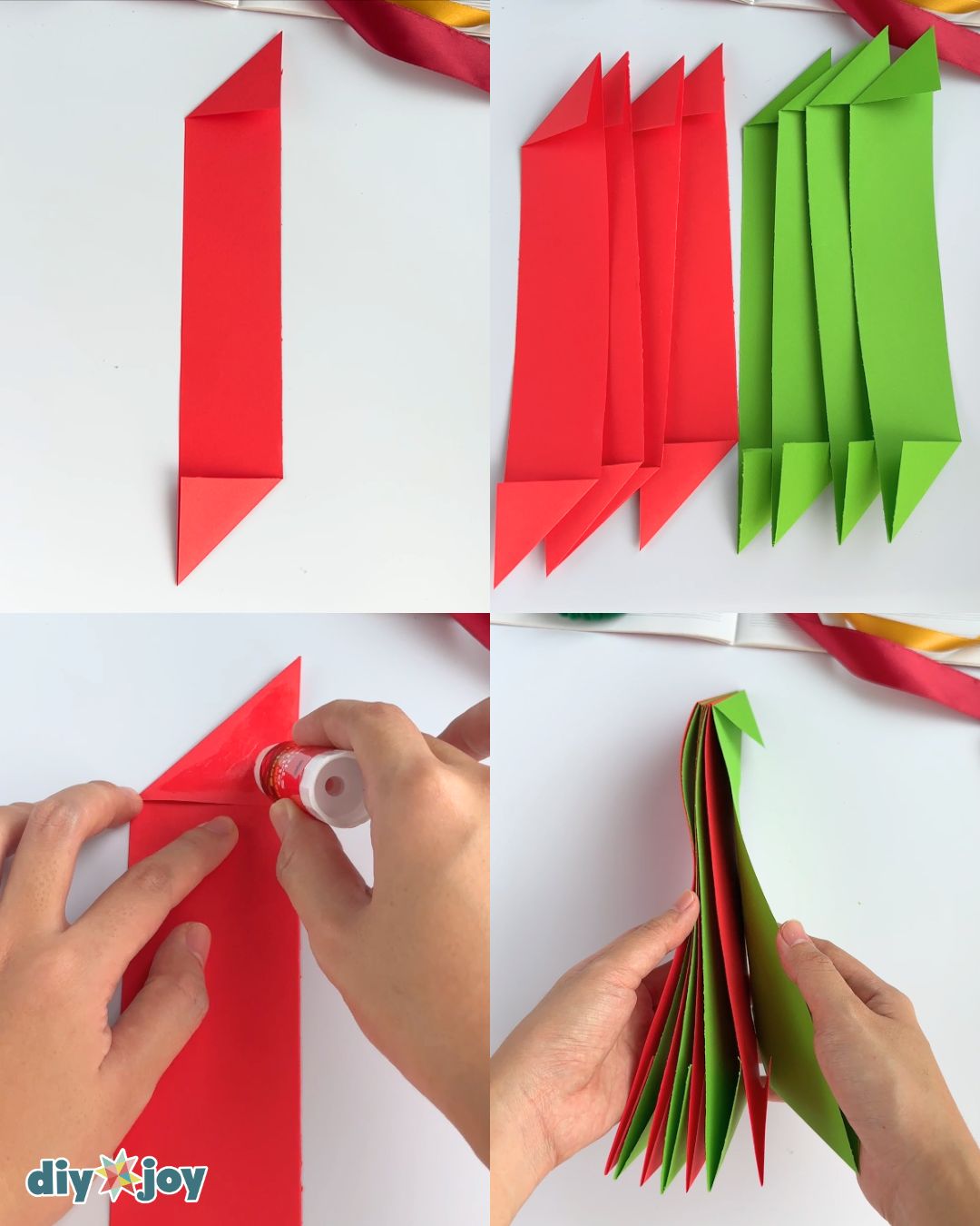 Strips folded into triangles at each end and glued in alternating red and green, the base of DIY Christmas decor ornaments