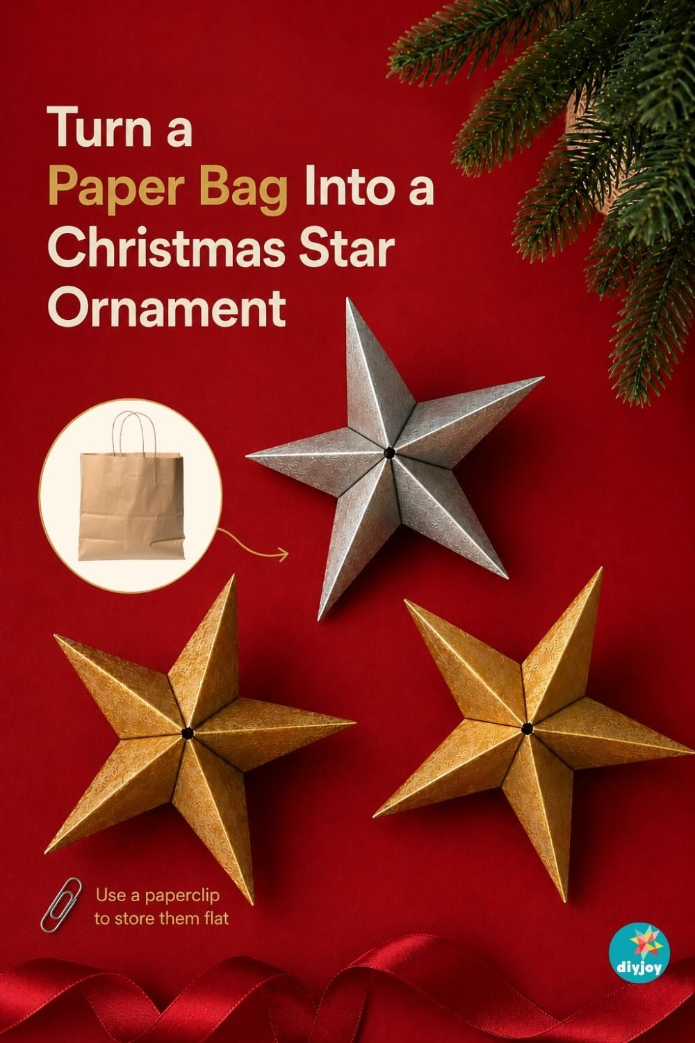 Paper bag star ornament - a tall Pinterest pin of the finished gold and silver 3D paper stars, ready to save