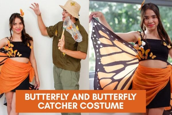 Two adults in butterfly and catcher costumes with monarch wings, butterfly headband, khaki outfit and handheld net