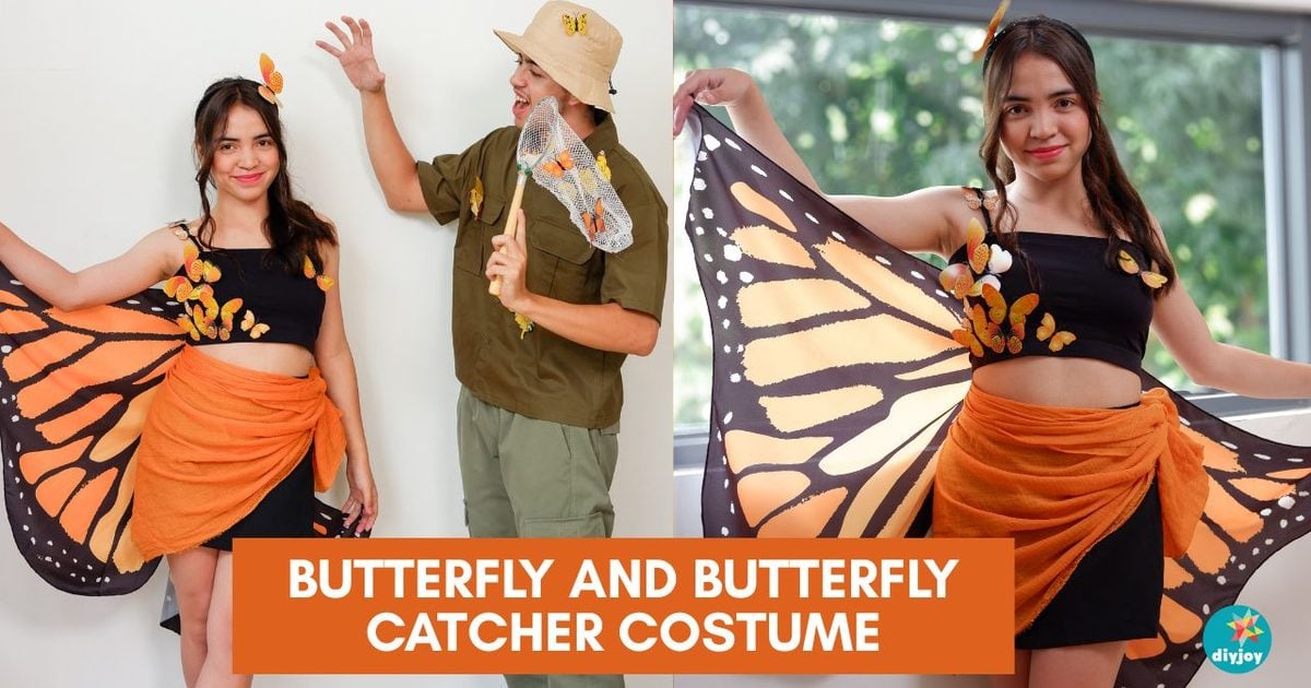 Two adults in butterfly and catcher costumes with monarch wings, butterfly headband, khaki outfit and handheld net
