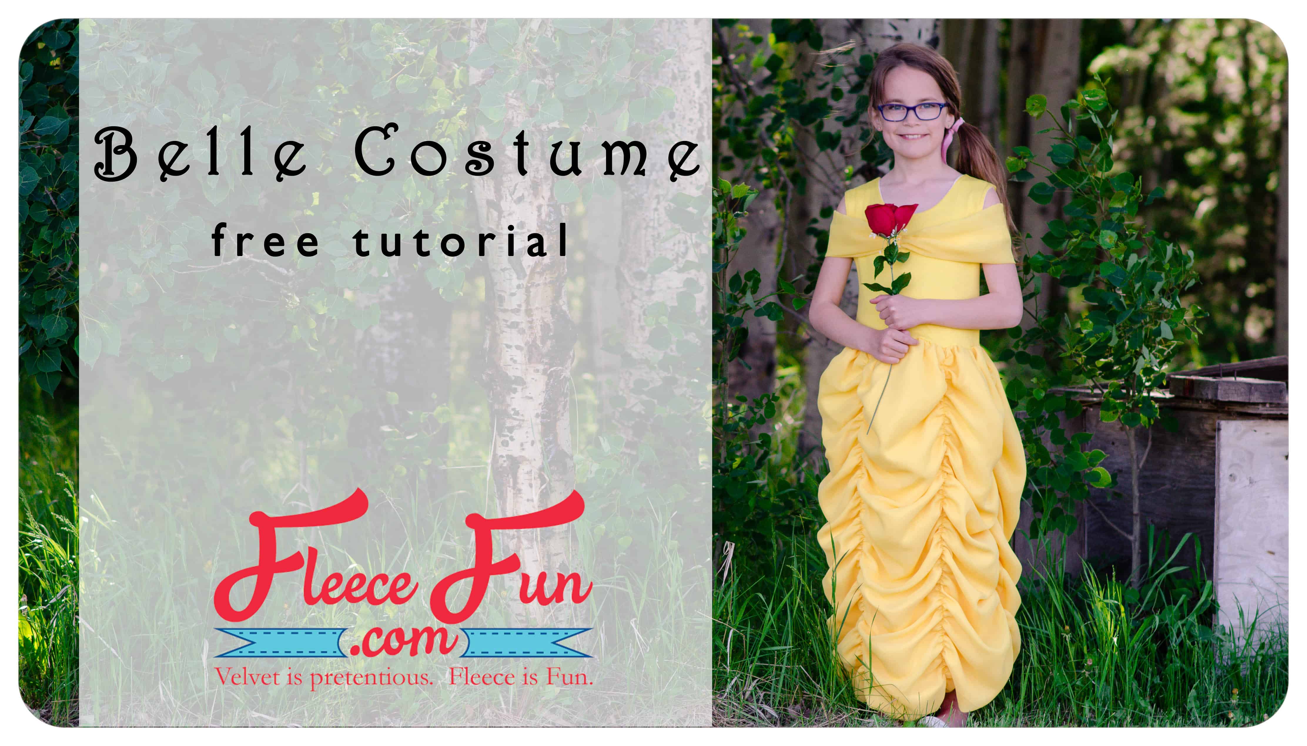 Girl in a yellow Belle gown holding a red rose beside the Fleece Fun Belle Costume free tutorial collage