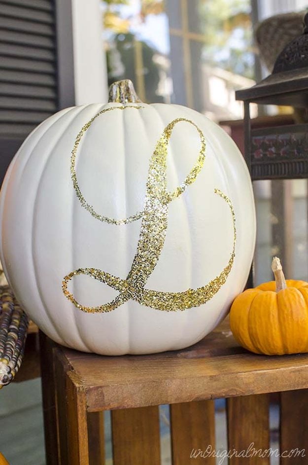 31 Pumpkin Decorating Ideas To Make This Fall - Gold Glitter Monogram Pumpkin - Easy DIY Pumpkin Decor Ideas for Home, Yard, Outdoors - Cool Pumpkin Decorating Ideas for Adults and Kids Party, Creative Crafts With Paint, Glitter and No Carve Projects for Halloween 