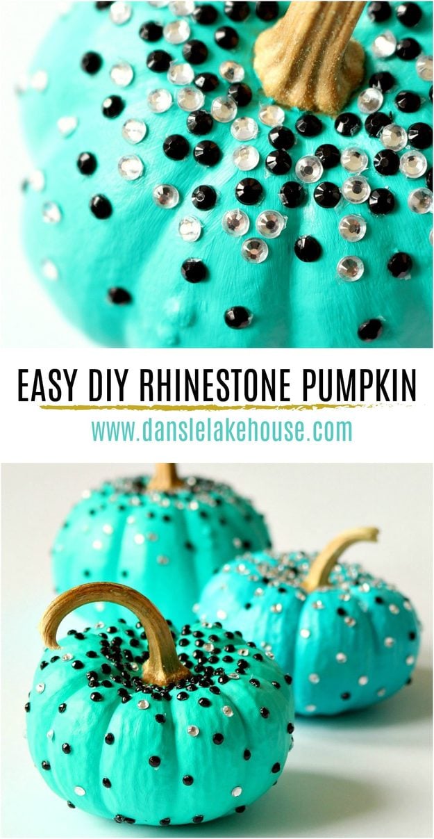 31 Pumpkin Decorating Ideas To Make This Fall - Turquoise Rhinestone Pumpkins - Easy DIY Pumpkin Decor Ideas for Home, Yard, Outdoors - Cool Pumpkin Decorating Ideas for Adults and Kids Party, Creative Crafts With Paint, Glitter and No Carve Projects for Halloween 
