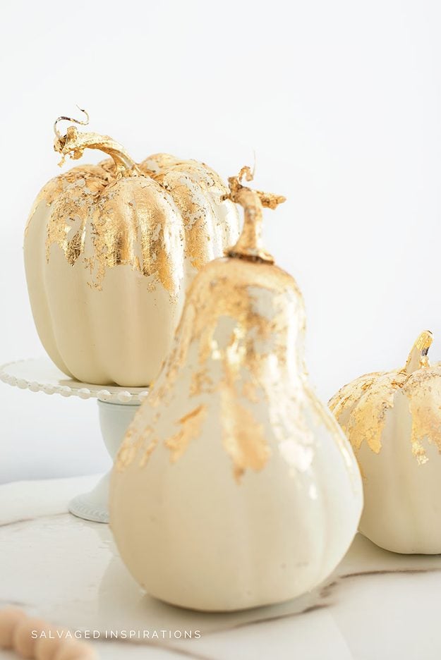 31 Pumpkin Decorating Ideas To Make This Fall - Gold Leaf Painted Pumpkin Makeovers - Easy DIY Pumpkin Decor Ideas for Home, Yard, Outdoors - Cool Pumpkin Decorating Ideas for Adults and Kids Party, Creative Crafts With Paint, Glitter and No Carve Projects for Halloween 
