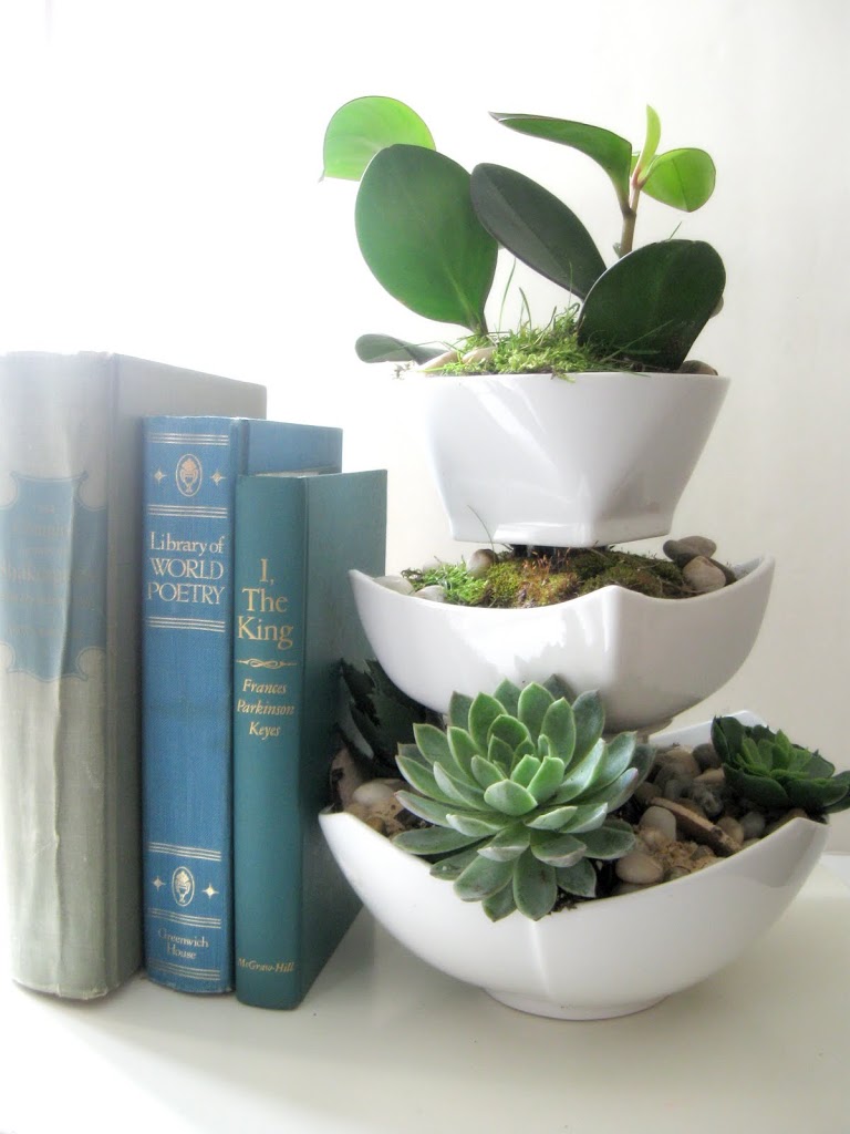 Tiered planter of three stacked white bowls holding succulents, moss and pebbles beside a stack of blue books