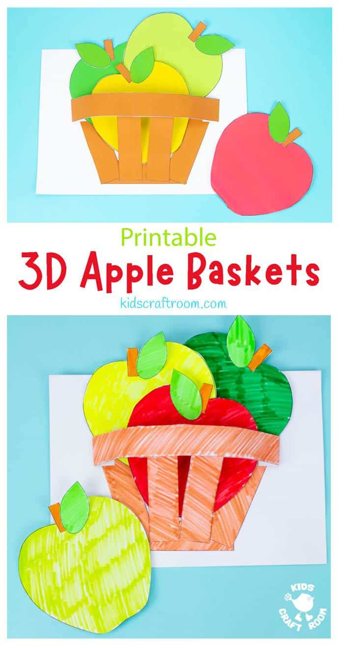 3D printable apple basket craft with an orange paper basket holding red, yellow and green paper apples on a white card