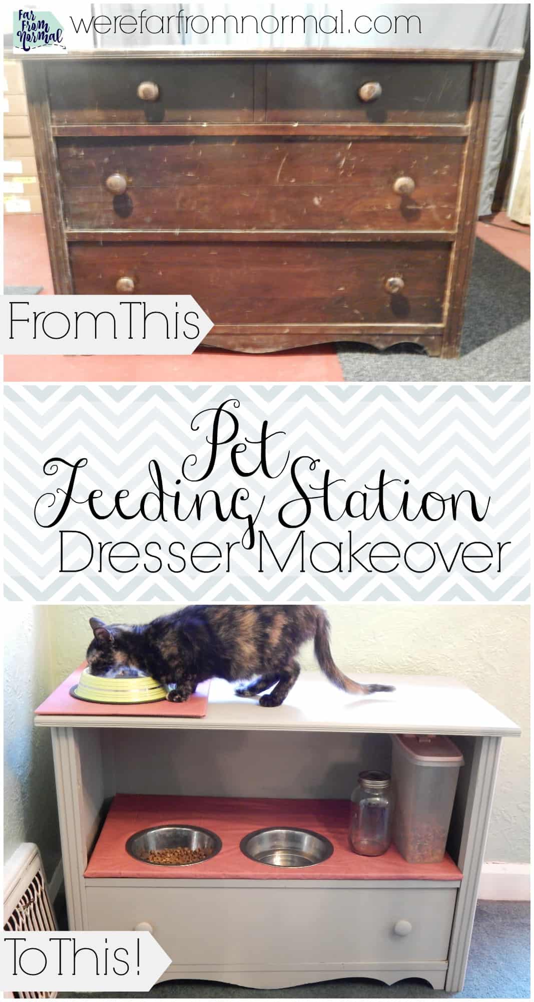 DIY pet feeding station dresser makeover, a small gray dresser with a pink top and red shelf holding four steel pet bowls