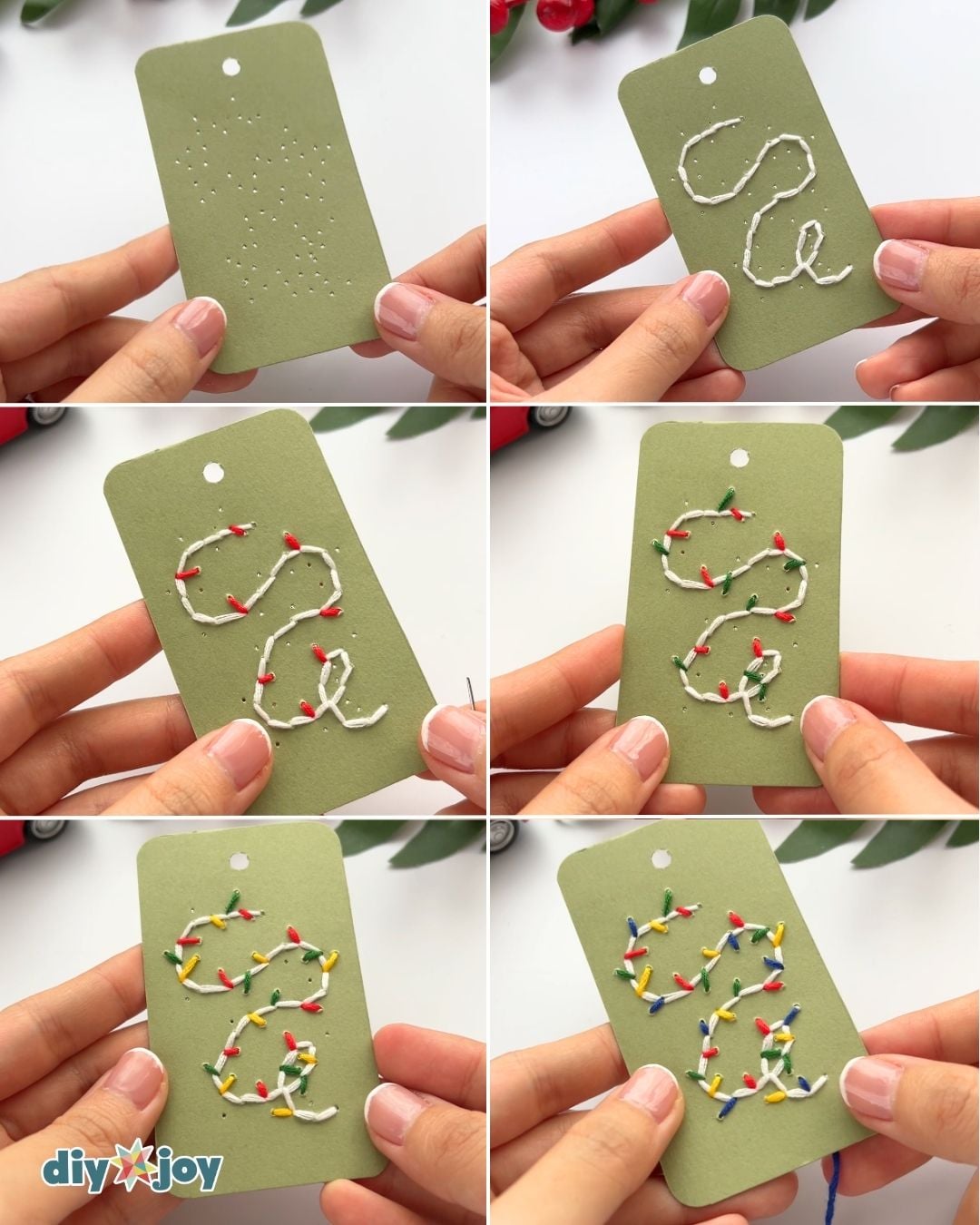 DIY Christmas gift tags - stitching a curved line and alternating colored thread bulbs on green cardstock
