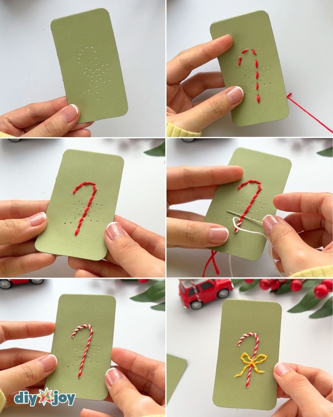 DIY Christmas gifts - stitching a red candy cane with a yellow bow on a green cardstock gift tag, step by step