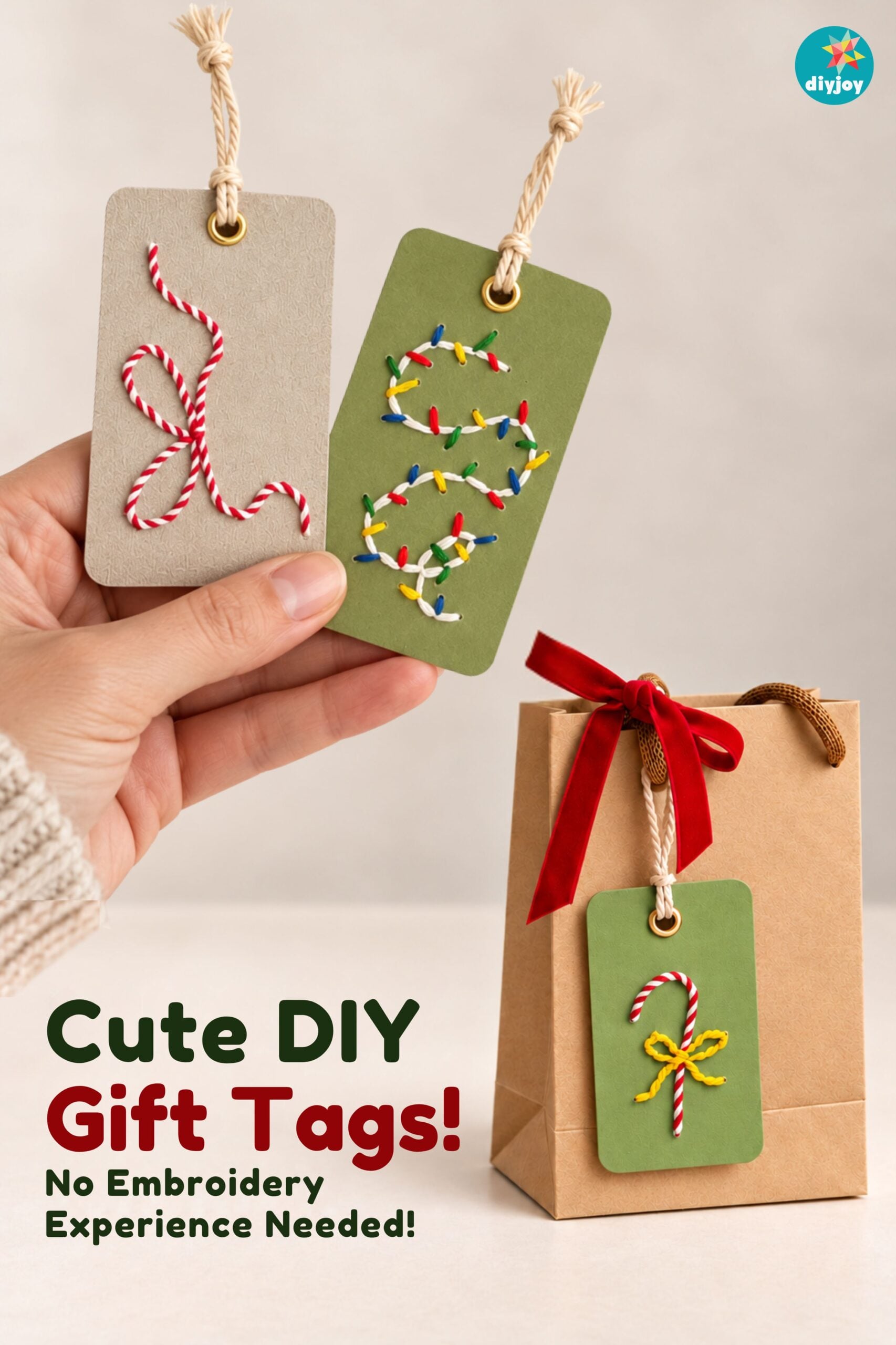 Embroidered Christmas Gift Tags | DIY Gift Wrapping Idea Embroidered Christmas gift tags with a candy cane and string lights stitched on cardstock, one tied to a kraft gift bag