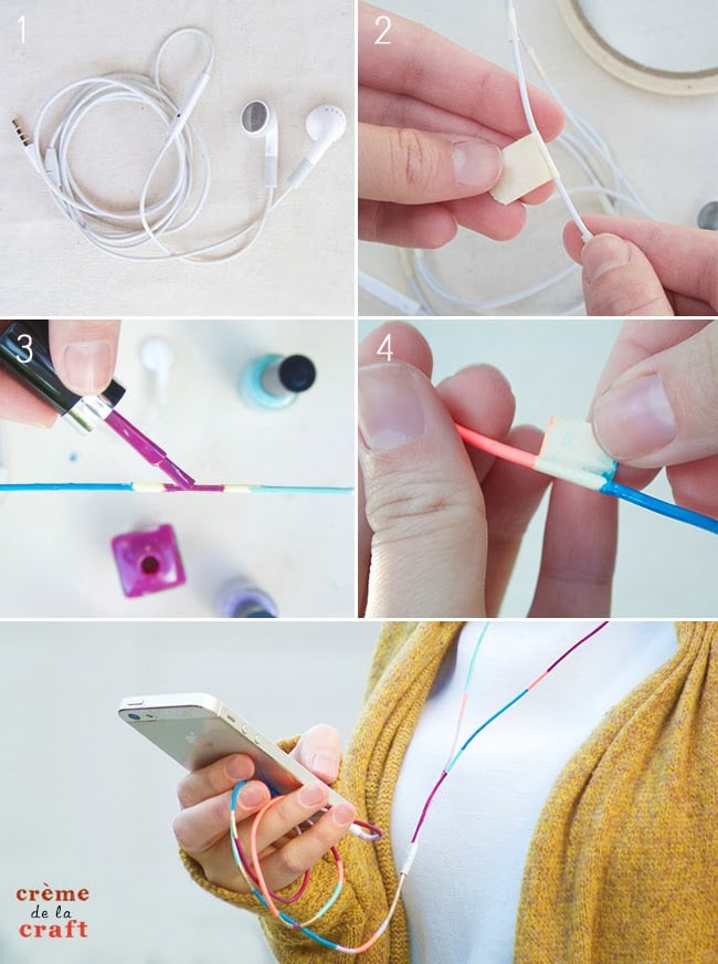 DIY Colored Headphones | Striped Earbud Cord DIY colored headphones, white earbuds with the cord painted in pink, purple, teal and gold stripes wrapped on a phone
