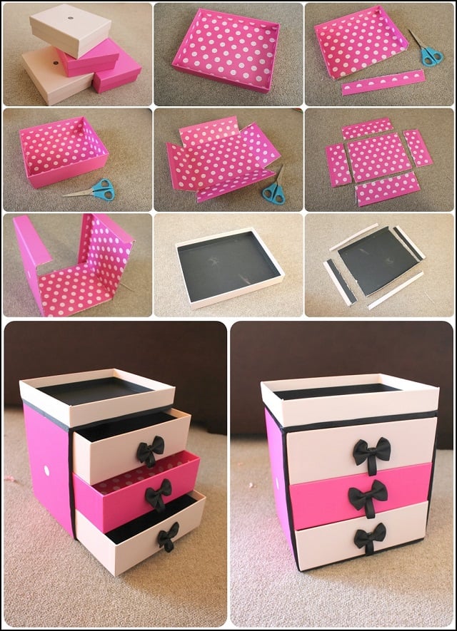 Pink and white drawer unit made from stacked boxes with black bow handles, shown with drawers open and closed