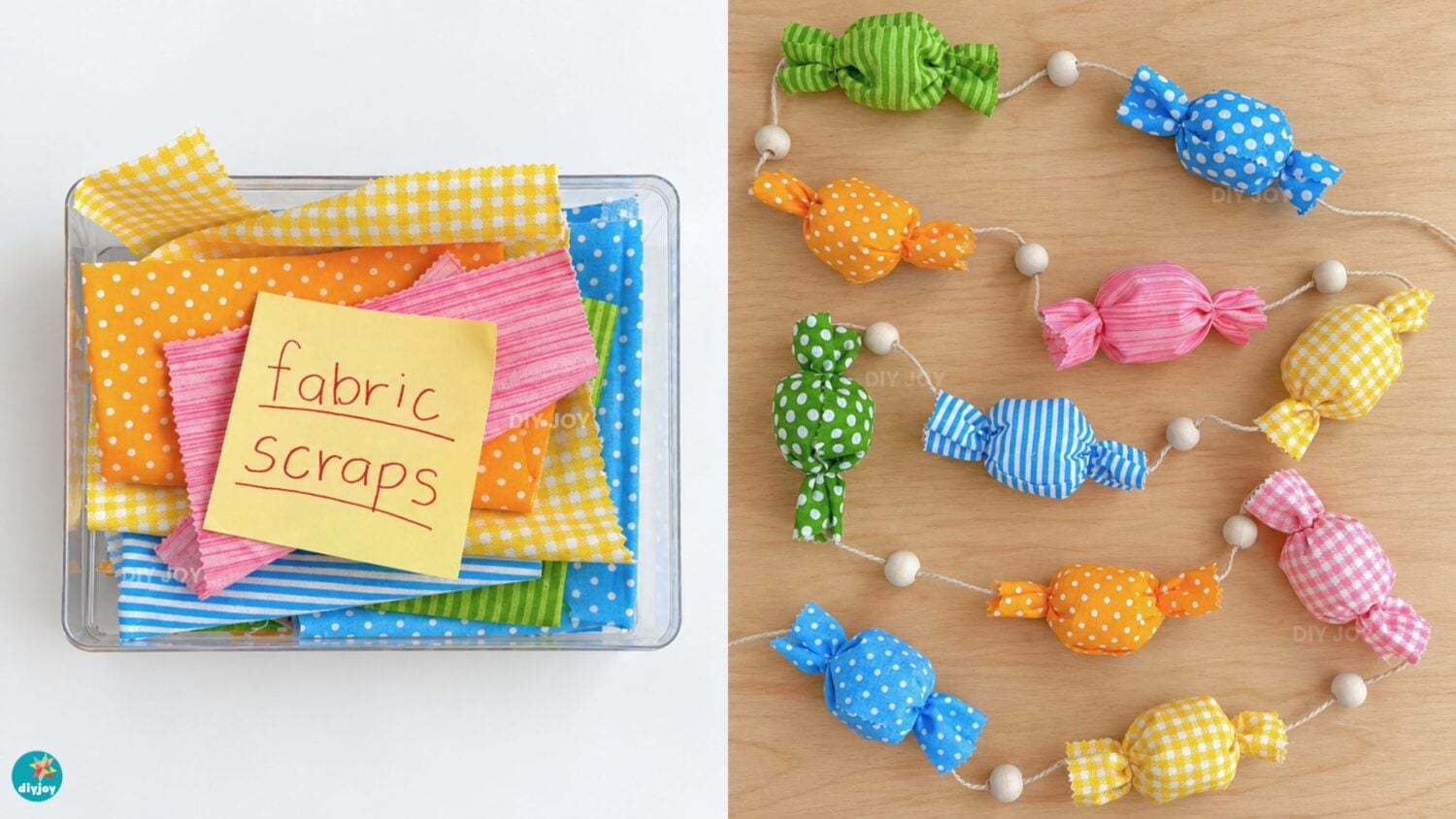 DIY candy garland beside a clear bin of fabric scraps, the colorful fabric candies strung with wooden beads on a wood table