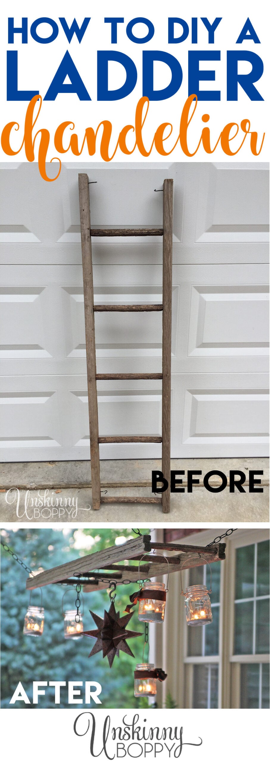 Ladder Lantern Hanger | Pottery Barn Inspired Weathered wooden ladder hung flat over a patio on chains, with mason jar candle lanterns and a metal star dangling below
