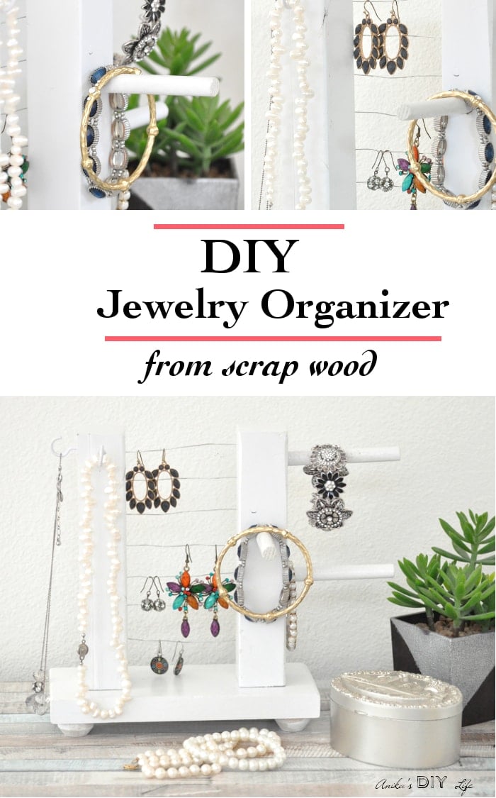 Tabletop Jewelry Holder | Scrap Wood Jewelry Stand DIY tabletop jewelry holder from scrap wood, a white stand with dowels for bangles, wire for earrings, pearls on hooks