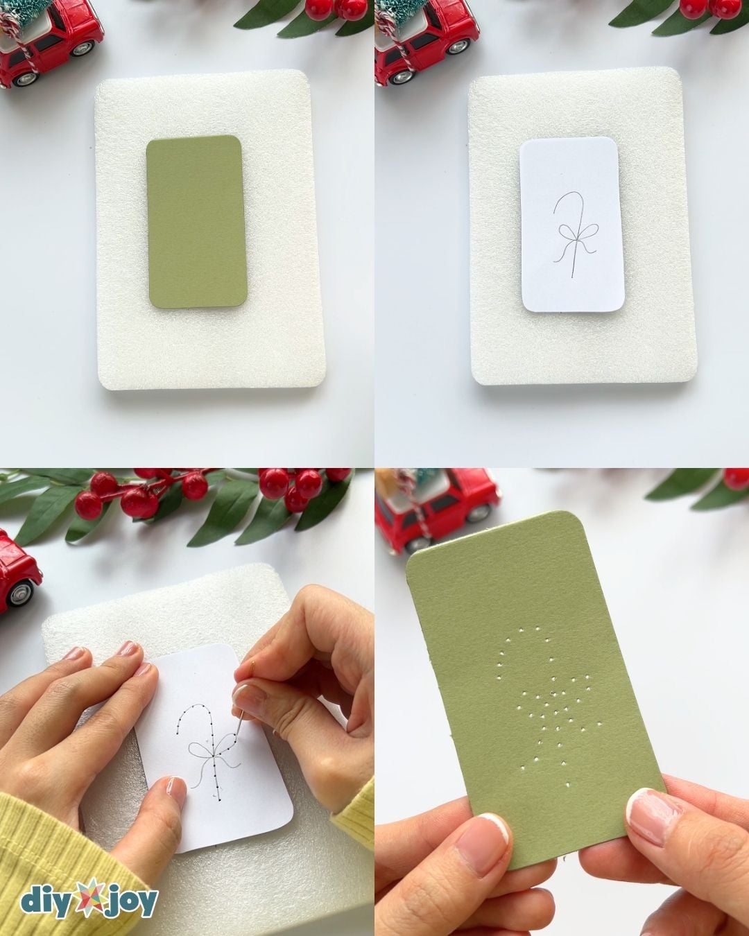 Embroidery on cardstock - poking evenly spaced holes through a candy cane paper pattern onto green cardstock