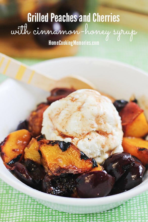 Grilled peaches and cherries with vanilla ice cream and syrup in a white bowl, text overlay