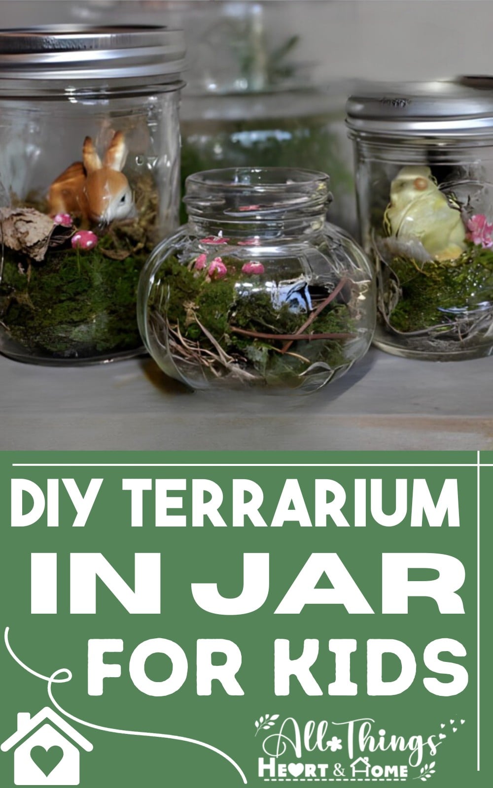 Three glass jars of moss and twigs with tiny bunny and frog figures, a kids terrarium idea with a title banner